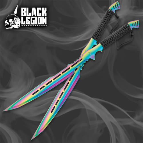 Black Legion Atlantis Two-Piece Sword Kit - Stainless Steel Construction, Rainbow Titanium Coating, Black Cord-Wrap - Length 28”