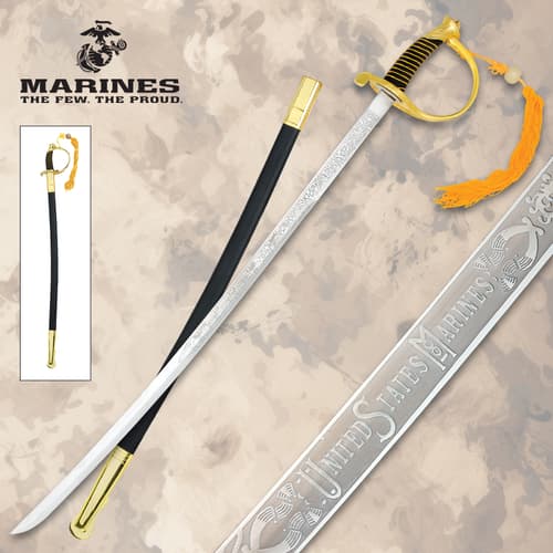 Marine sword with scabbard and engraved blade