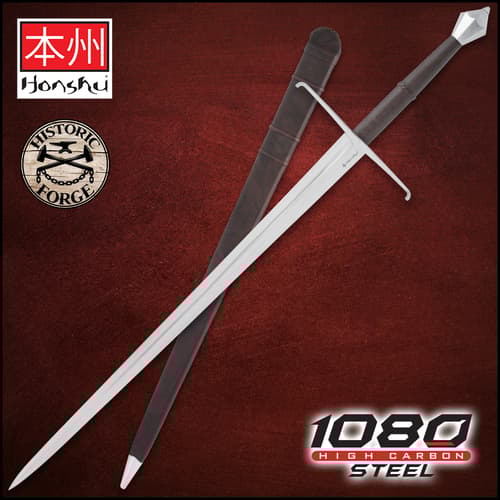 The Honshu Historic Forge 15th Century Italian Long Sword is shown in full next to the Honshu and Historic Forge logos and 1065 Carbon Steel text.