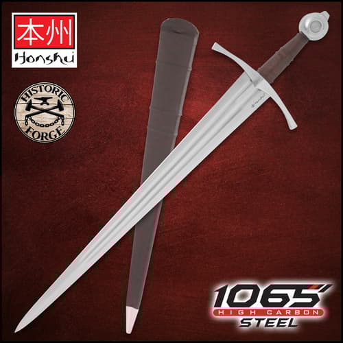 The Honshu Historic Forge 14th Century Double Fuller Sword is shown both in and out of its scabbard next to the “Honshu” and “Historic Forge” logos.