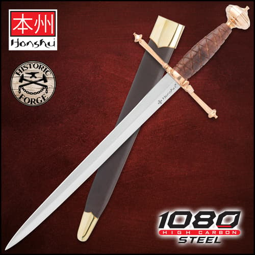 The Honshu Historic Forge Italian Dagger is shown both in and out of its sheath next to the “Honshu,” “Historic Forge,” and “1065 Carbon Steel” logos.