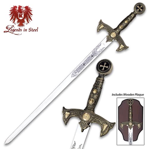 Legends in Steel Knights Templar long sword shown with detailed cast metal handle, guard and pommel and with wooden plaque.