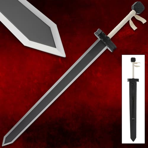 Black sword with white handle on red background