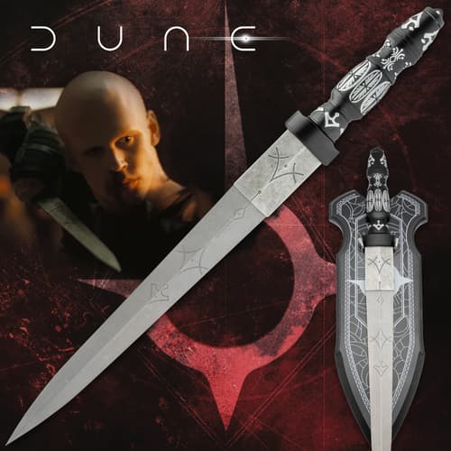 Decorative knife with intricate designs and a character in the background