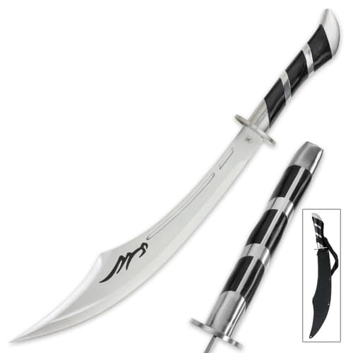 Arabian Sands Scimitar sword shown with black detailing on the curved blade and with black sheath.