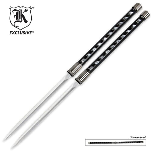 Twin Ninja Sword Sticks shown side-by-side with decorative metal handles and 15” 440 stainless steel blades.