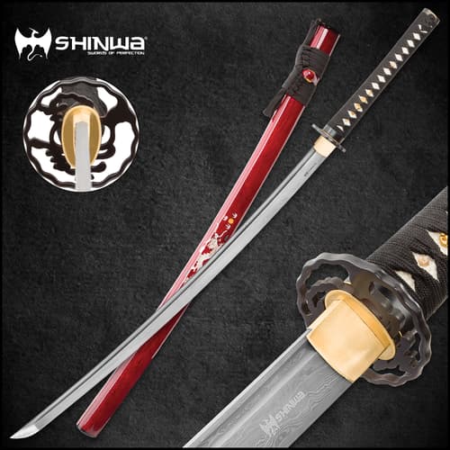 Japanese handmade sword with close up varied views of steel blade with white rayskin by red saya with dragon motif