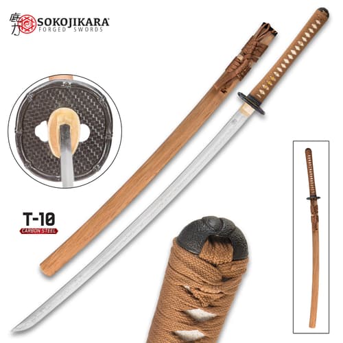 Assembled angled shots of a handmade samurai sword demostrating T10 steel blade with genuine rayskin handle and an iron tsuba