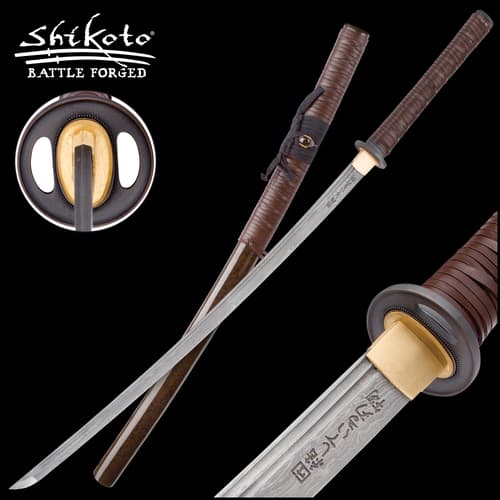 Shikoto Rurousha Handmade Katana / Samurai Sword - Hand Forged Damascus Steel; Engraved Kanji, Twin Fullers, Unique Genuine Leather Wrapping, Cast Tsuba - Functional, Battle Ready, Full Tang Tanto