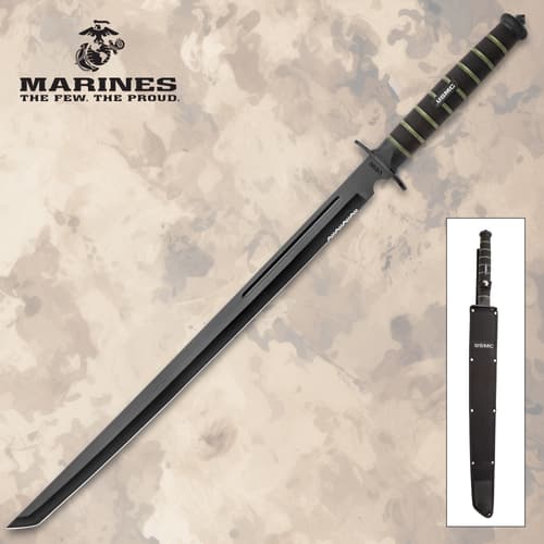 The USMC Blackout Combat Tanto Sword has a 19 3/4" AUS-6 stainless steel tanto blade, glass breaker pommel, and rubberized handle.