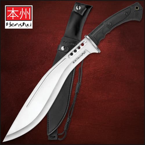 Honshu Boshin Kukri with Genuine Leather Belt Sheath - Full Tang 19 5/8" Gurkha Machete Fixed Blade - 7Cr13 Stainless Steel - Blood Groove, Cut-Outs - Textured, Molded TPR Handle - Lanyard Hole