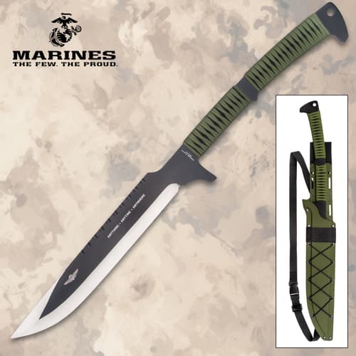 Green-handled knife with sheath, Marines logo