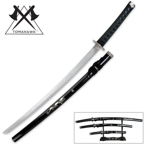 Tomahawk Black Dragon three piece sword set shown with black, mother-of-pearl accented scabbard and on black wooden display.