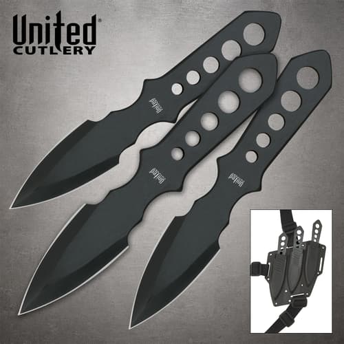 Three black United Cutlery Lightning Bolt throwing knives with perforated handles, plus an inset showing the sheath and harness