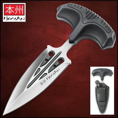 Honshu Large Covert Defense Push Dagger And Sheath - 7Cr13 Stainless Steel Blade, Molded TPR Handle - Length 5 7/8”