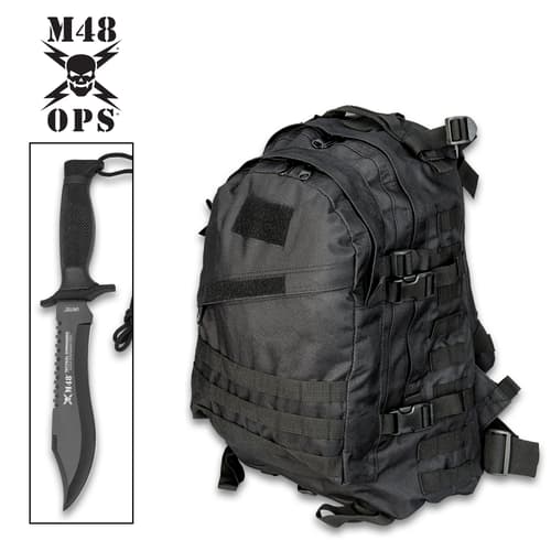 Black tactical backpack with knife and M48 OPS logo