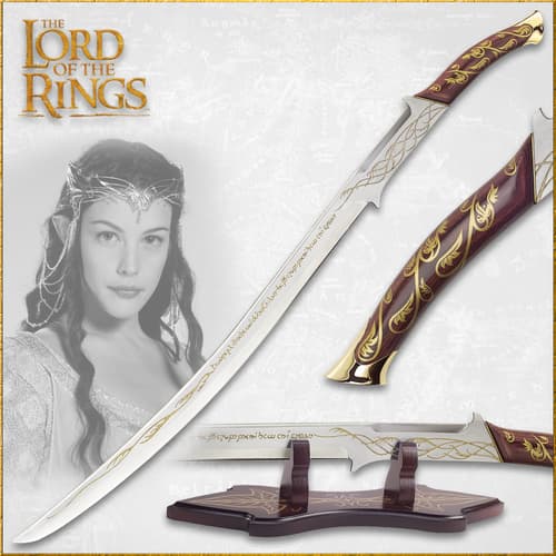 Lord of the Rings stainless curved sword of Arwen Evenstar etched with gold vines on wood grip next to LOTR graphic hadhafang