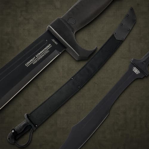 Three black combat knives with high carbon steel blades on a textured surface