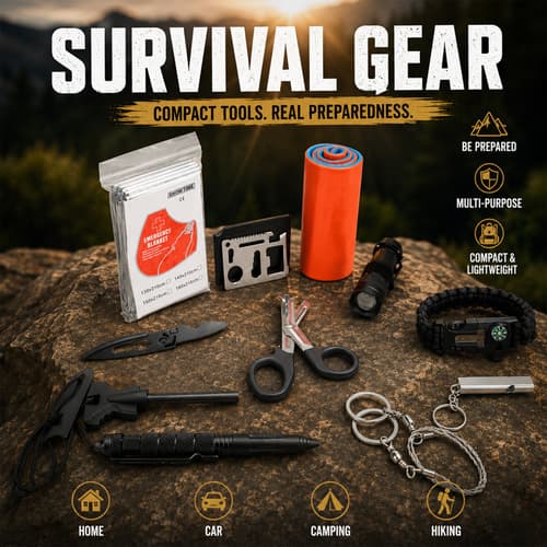 Survival gear set with tools and emergency items on a rock
