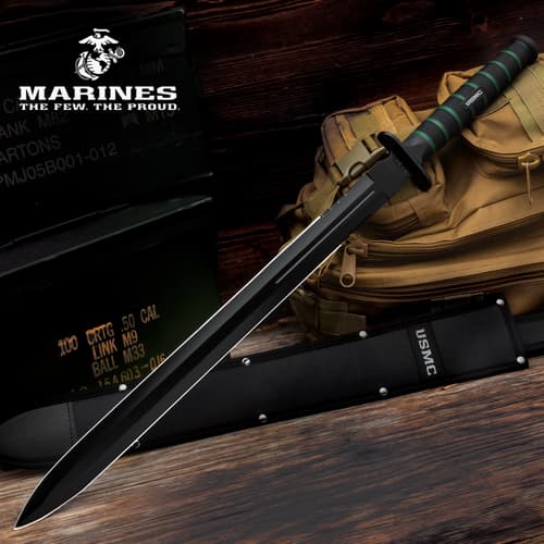 USMC sword with green-striped handle and sheath