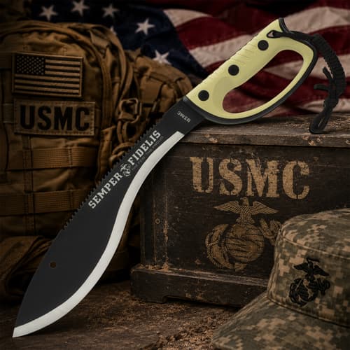 USMC knife with 'Semper Fidelis' on a wooden box and flag background