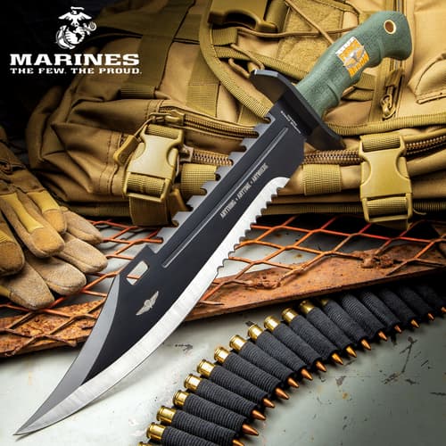 Bowie knife with green handle on tactical gear