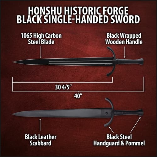 Diagram of Honshu black single-handed sword with measurements and features
