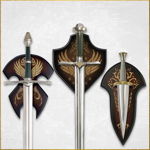 Three swords mounted on decorative plaques with elven designs