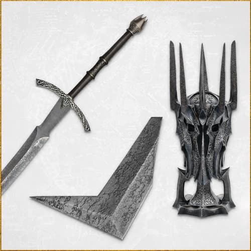 Medieval helmet, sword, and map on wooden table