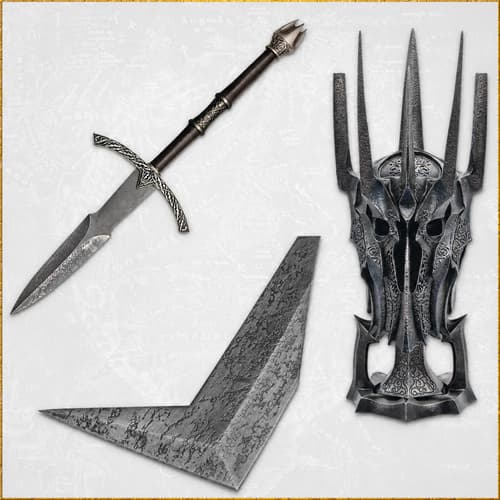 Medieval helmet, sword, and map on wooden table