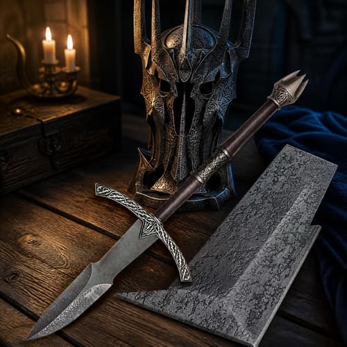 Medieval helmet, sword, and map on wooden table