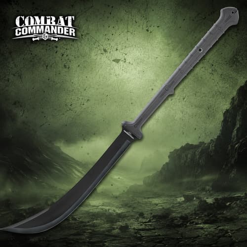Single black sword with a long blade on a green rocky background