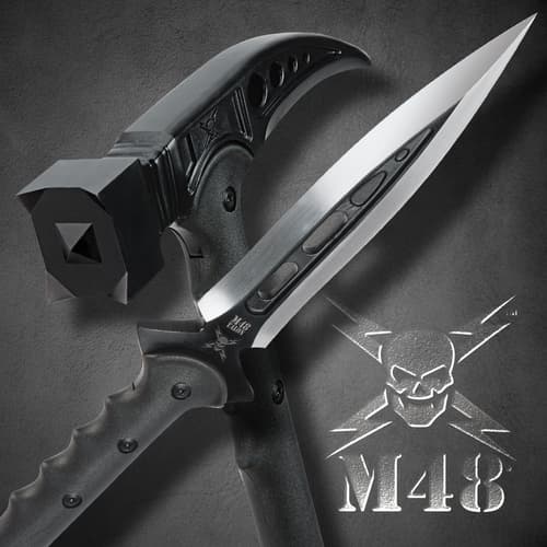 M48 tactical survival hammer and hunting spear head laying crossed showcasing sharp blade and axe head