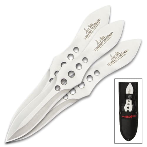 Three 3 3/4" stainless steel "Gil Hibben" double-edged throwing knives. Bottom right corner knives enclosed in sheath.