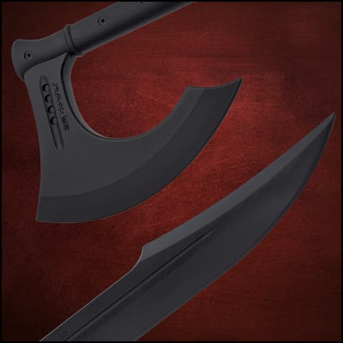 Close up image of the blades pn the Training Sword and Training Battle Axe included in the Tactical Arsenal Bundle.