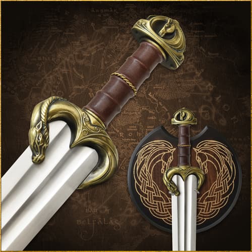 Close-up of sword hilt with horse design and shield