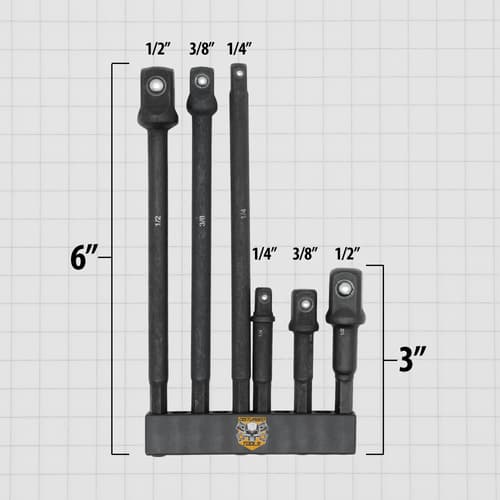 Six-piece Socket Adapter Set displayed with labeled sizes for versatile use.