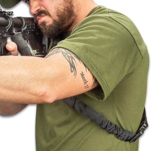 M48 Tactical Gun Sling - Nylon Webbing And Elastic Bungee, ABS Quick-Release Buckles, Metal Clip, Adjustable To Fit - Black