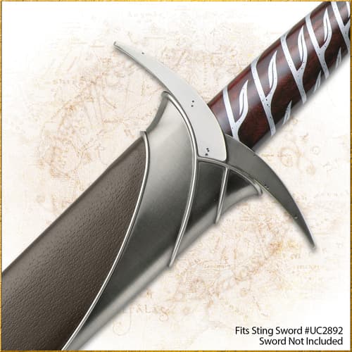 Close-up of Sting seated in the brown scabbard with silver-tone trim. Fits sword UC2892; sword not included