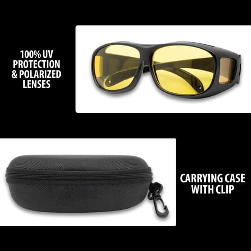 Details and features of the Glasses with the included carrying case.