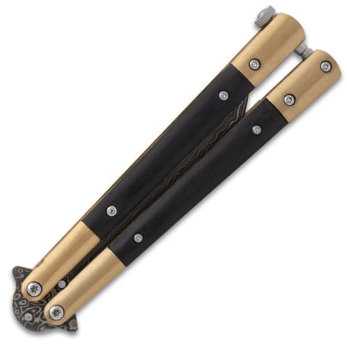 Closed butterfly knife with gold and black handle