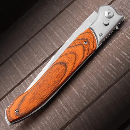 The automatic pocket knife shown in its closed position