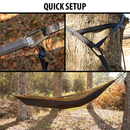 Multiple images showing the quick set up of the NatureNest Pro OD Green Camping Hammack.