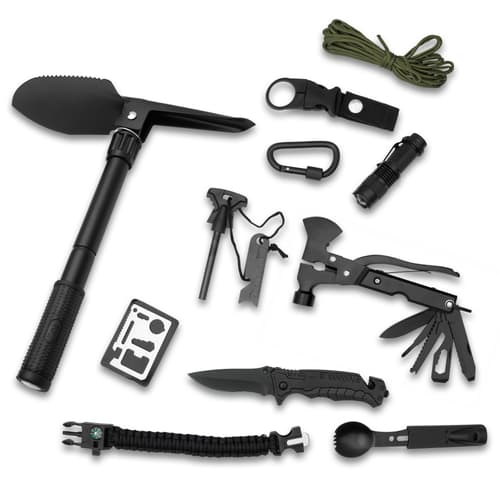 Full image showing what tools are included in the 142 Piece Survival Kit.