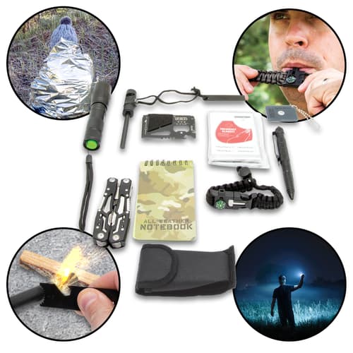 Different items are shown in use such as emergency blanket, fire starter, flashlight and alert whistle.