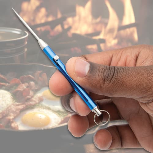 Blue Titanium Spring Toothpick in hand