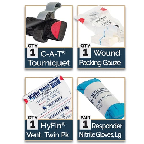 The kit contains a C-A-T Tourniquet, NAR Wound Packing Gauze, HyFin Vent Compact Chest Seals, a pair of nitrile gloves