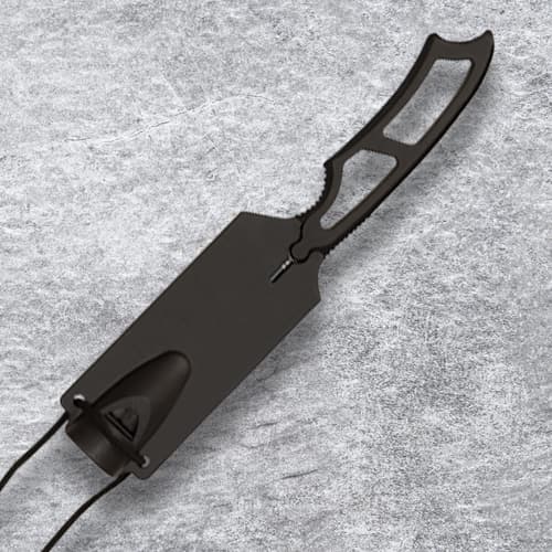 Black knife in a sheath with a neck cord on a textured background