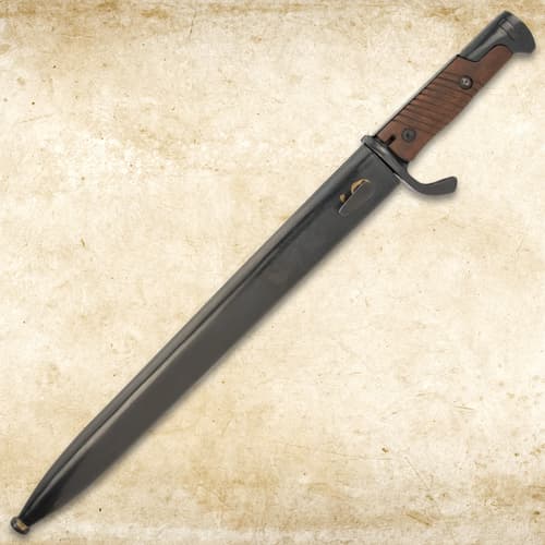 Bayonet sheathed in black metal scabbard