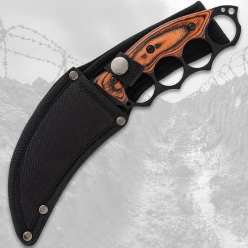 Knife in black sheath with wooden handle visible